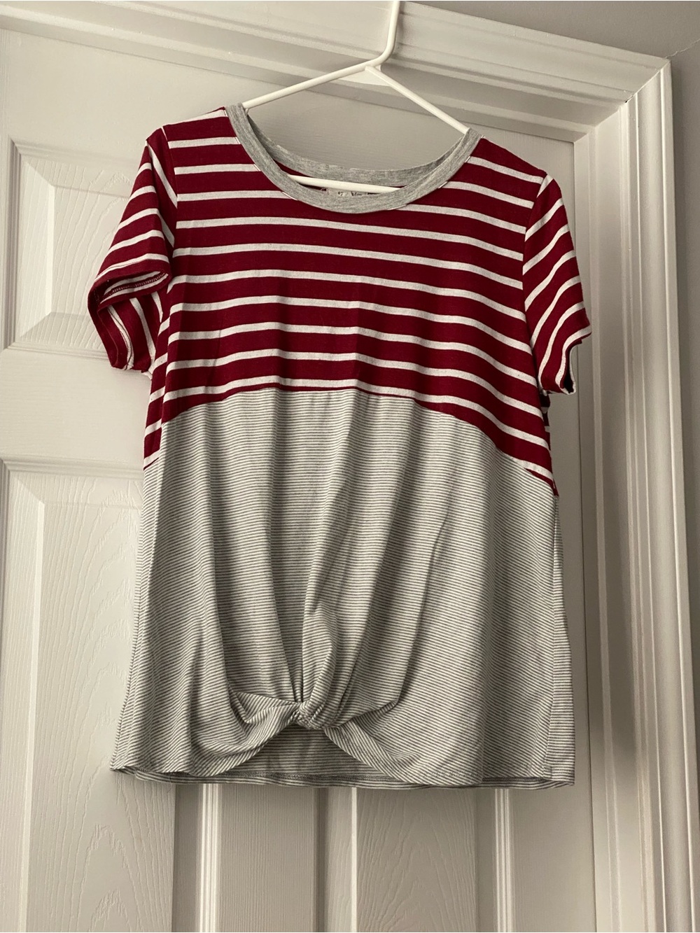 Eyeshadow Red and Gray Striped Knot-Front Short Sleeve Tee